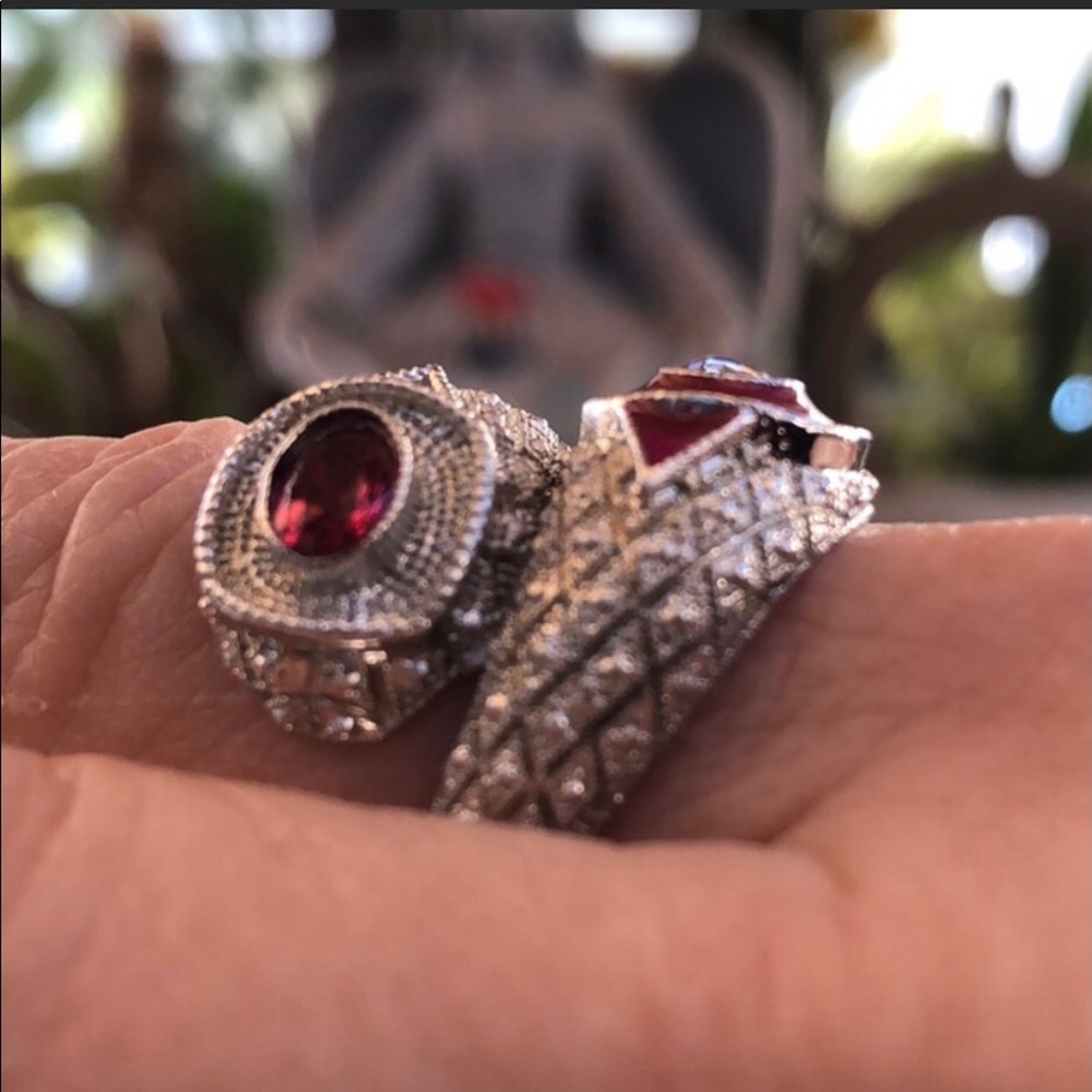 🌺Elegant & Unique Art deco ruby enamel & crystals statement cocktail ring